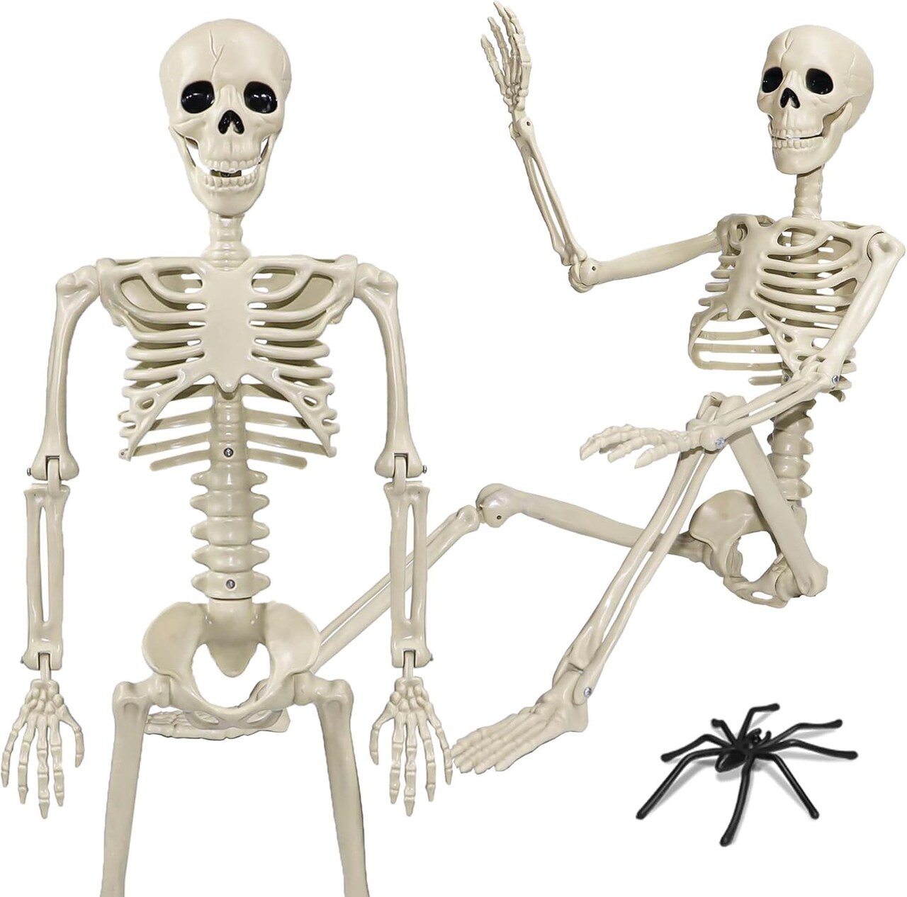 36" Life-Size Skeleton Halloween Decoration – Full-Body Movable Skeleton with 20 Spiders for Yard, Haunted House, Indoor & Outdoor Decor